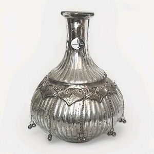 Silver Glass Bottle Vase Decor W/Silver Skirt & Charms 9.5" Tall